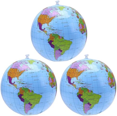 الكرة الأرضية القابلة للنفخ ، 3pcs تفجر العالم العالم 16 بوصة قبل تضخيم 12 بوصة بعد تضخيم كرة الشاطئ الأرضية المتضخمة لزخارف الحفلات. in Kuwait