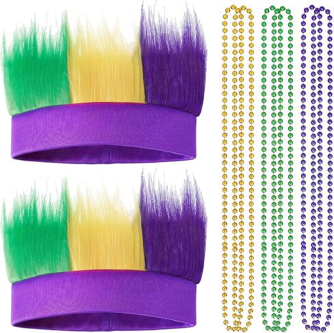Sumind 8 Pcs Mardi Gras Costume Accessory, 2 Pcs Headband Crazy Hair Wigs and 6 Pcs Beads Green Purple Gold Metallic Beads Necklaces Accessories Women Men for Parade Throws Carnival Party Decor in Saudi Arabia