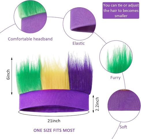 Sumind 8 Pcs Mardi Gras Costume Accessory, 2 Pcs Headband Crazy Hair Wigs and 6 Pcs Beads Green Purple Gold Metallic Beads Necklaces Accessories Women Men for Parade Throws Carnival Party Decor in Saudi Arabia