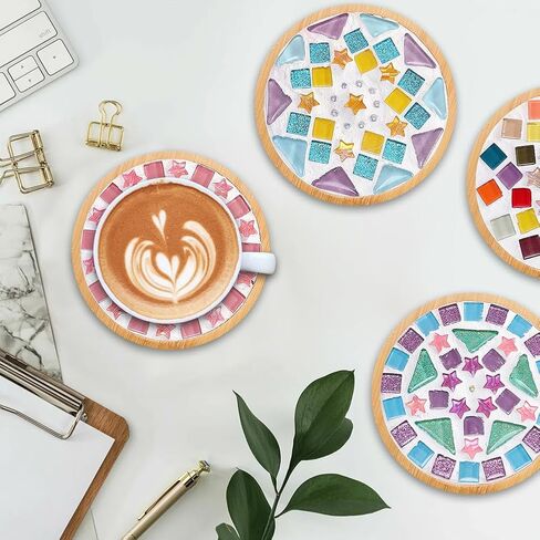 Ukontagood 8 Pack DIY Mosaic Tiles for Crafts, Mixed Color Mosaic Kits with Bamboo Coaster, DIY Coasters Kit for Coaster Handmade Home Gifts in Kuwait