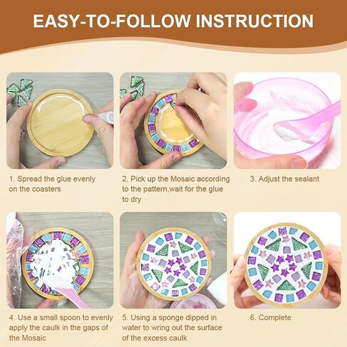 Ukontagood 8 Pack DIY Mosaic Tiles for Crafts, Mixed Color Mosaic Kits with Bamboo Coaster, DIY Coasters Kit for Coaster Handmade Home Gifts in Kuwait