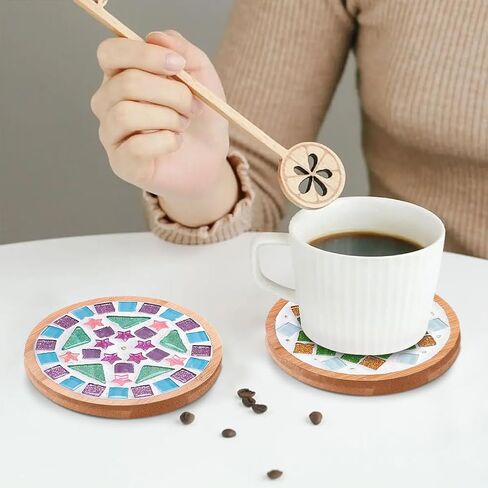 Ukontagood 8 Pack DIY Mosaic Tiles for Crafts, Mixed Color Mosaic Kits with Bamboo Coaster, DIY Coasters Kit for Coaster Handmade Home Gifts in Kuwait
