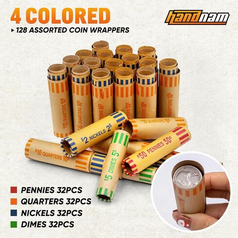Preformed Coin Wrappers Rolls (128 Assorted) - Quarters, Pennies, Nickels and Dimes in Saudi Arabia