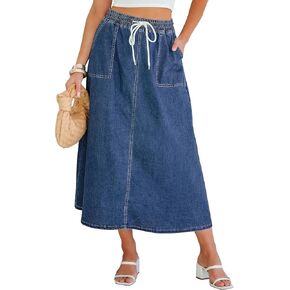 luvamia Denim Skirts for Women Trendy A Line Long Maxi Pull On Elastic Waist Drawstring Stretchy Jean Skirt with Pockets