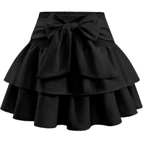Women's Girls Bow Mini Skirt Flowy High Waisted Ruffle Hem Short Skirts Cute Boho A-Line Layered Skater Skirt