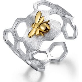 S925 Sterling Silver Rings Handmade Unique Thumb Ring Natural Honeycomb Bee Open Ring Honeycomb Home Guard Jewelry Gifts for Women and Girls