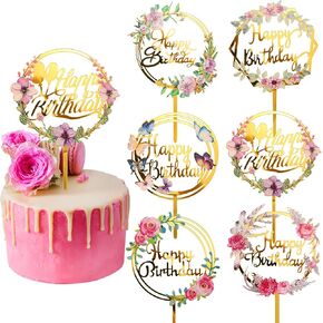Jetec 6 Pieces Happy Birthday Cake Toppers Gold Flower Acrylic Cupcake Cake Toppers for Various Birthday Party Anniversary Pastries Decorations