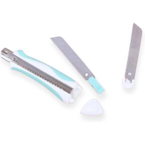 Craftelier - Professional Cutter with Non-Slip, Ergonomic, Grip Handle | Automatic Locking System | Includes 2 Carbon Steel Replacement Blades (SK4) | Size 18 cm - White & Turquoise Colour