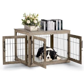 Dog Crate Furniture, 38 inch Large Dog Crates with Bed Mat, Wooden Dog Kennel Furniture, End Side Table Dog Cage with 3 Doors, Greige - DC-002
