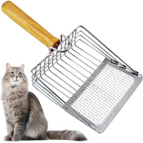 Cat Litter Scoop with Wood Handle,Fast Sifting Litter Scooper for Cats,Heavy Duty Kitty Metal Scooper,Rose Gold Two Mesh Deep Shovel for Litter Box