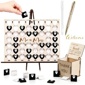 HyDren Wedding Guest Book Alternative with Sign Wedding Guest Book Four in a Row Book Connect Theme Wedding Guest Message Creative Guestbook Board with Wooden Hearts for Just Married Newly Weds Mr Mrs
