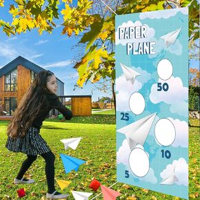 Paper Plane Toss Game Banner with 3 Bean Bags, Glider Airplane Throwing Theme Party Outdoor Activity Sets for Boys Girls Kids Teens Adults Airplane Theme Birthday Party Decorations
