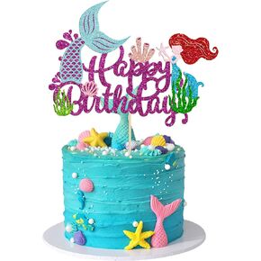 Gyufise 1Pcs Mermaid Happy Birthday Cake Topper Glitter Mermaid Cake Pick Seashells Coral Mermaid Tail Cake Decoration for Under the Sea Baby Shower Birthday Party Supplies Purple