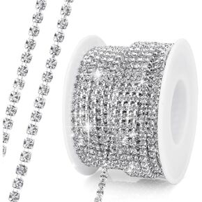 Rhinestone Chain, 10Yard 3mm Silver Rhinestone Trim, Diamond String Rhinestone Ribbon Strips Tape, Bling Crystal Rhinestone Close Chain Claw Cup Chain Trim for Sewing Craft DIY Clothes Shoes Jewelry