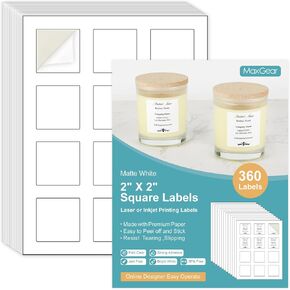 MaxGear 2" x 2" Square Labels, for Inkjet or Laser Printer, Matte White Printable Sticker Labels Sheets, Strong Adhesive, Dries Quickly, Holds Ink Well, 360 Pcs