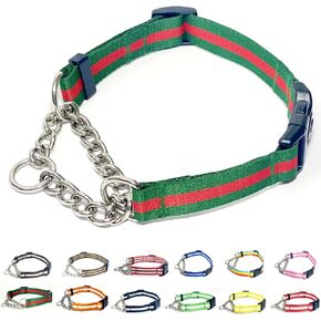 Martingale Collar for Dogs,Adjustable Nylon Collars with Quick Release Buckle,Multicolor Stripe,Stainless Steel Chain NO Pull Training Collars for Samll Medium Large Dogs(Iridescent,M)