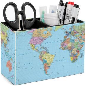 Pen Holder, Pencil Holder for Desk Organizer, Blue World Map PU Leather Pencil Cups Desktop Stationery Storage Makeup Brush Holder Pen Organizer for Office Home