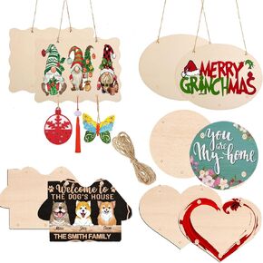 10 PCS Unfinished Rectangle Wooden Hanging Signs with 5 Holes, Blank Craft Wood Plaque for DIY, Door Hanger for Painting, Writing, Wood Burning, Home & Garden Decoration, Holiday Crafts