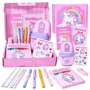 Magical Unicorn School Supply Gift Kit,21 pcs Back to School Essential,Includes No-Sharpen Pencil,Click Marker,Anti-Myopia Ruler,Unicorn Notebook Erasers Stickers Pencil Case.Ideal Kids Stationery Set