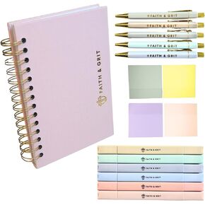 FAITH & GRIT - Boutique Bible Study Supplies or Bible Journal Kit with Tools for Note Taking That Include Bible highlighters, Luxury pens, Transparent Sticky Notes, and A5 Linen Linen Journal (Pink)