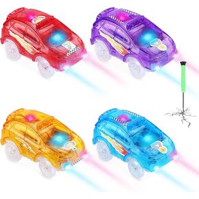Save Unicorn Tracks Cars Replacement only, Toy Cars for Tracks Glow in The Dark, Magic Car Accessories with 5 Flashing LED Lights, Compatible with Most Tracks for Boys Girls and Kids(4pack)