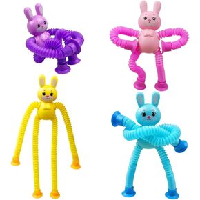 Pinkiwine 4 Pack Easter Bunny Suction Cup Pop Tubes Toys Sensory Fidget Toys for Kids Boys Girls Toddlers Easter Basket Stuffers Gifts