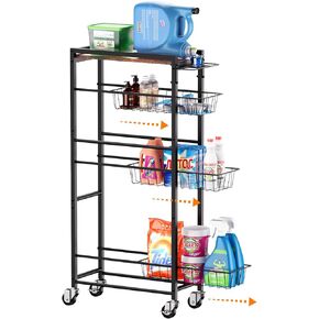 4 Tier Slim Rolling Storage Cart with Pull-Out Baskets, Narrow Sliding Storage Laundry Cart, Slim Laundry Rolling Cart Between Washer and Dryer Storage, Laundry Storage Cart (Black)