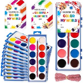 Sabary 24 Pack Valentine Watercolor Paint Sets 24 Valentine's Day Washable Watercolor Paints with 24 Gift Cards and 20 Meters Rope for Classroom Exchange Gifts Valentine Party Favors Art Activities