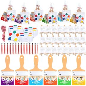 24 Sets Valentines Day Gifts for Kids Valentines Cards Mini Painting Canvas Panel with Wooden Easel Watercolor Paints Brush Kit for School Classroom Exchange Gifts(Round)