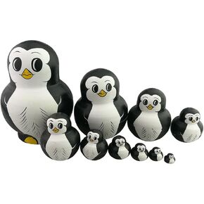 Cute Lovely Mini Animal Nesting Dolls Matryoshka Doll Russian Doll Set 10 Pieces Wooden Handmade Kids Toy Gift Home Decoration (Penguin).