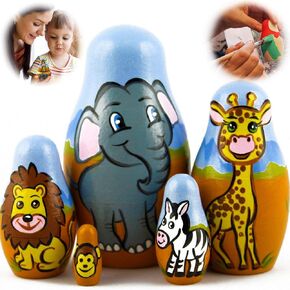 African Animals Set 5 Piece Wood Nesting Dolls - Safari Figurine Set Wooden Matryoshka