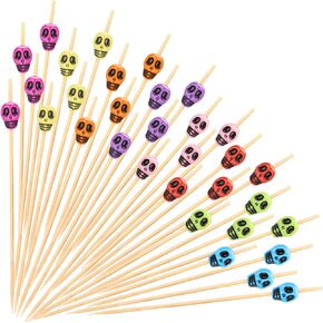 200 Halloween Cocktail Picks, Handmade Skull Toothpicks for Appetizers Charcuterie Boards Accessories, 4.7 IN Bamboo Skewers Cocktail Sticks for Drinks Food fruit Halloween Party Decoration Supplies