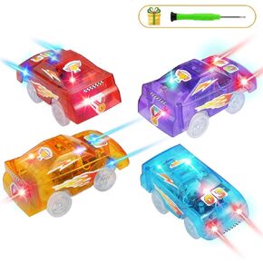 Save Unicorn Tracks Cars Replacement only, Toy Cars for Most Tracks Glow in The Dark, Car Track Accessories with 5 Flashing LED Lights, Compatible with Most Car Tracks for Girls Boys and Kids(4pack)