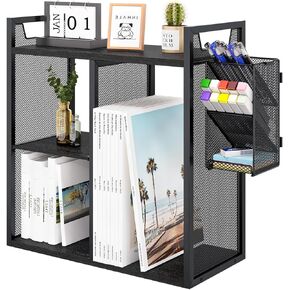 PAG Desktop Shelf Freestanding Bookshelf with Pencil Holder, Office Supplies Organizers and Accessories Storage Display Rack, Black