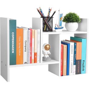 Desktop Shelf Organizer - Adjustable Wood Desktop Bookshelf, Table Top Shelves, Desk Book Organizer for Office Supplies and Home Décor (White)