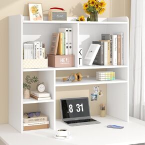 Desktop Bookshelf, Countertop Storage Hutch with 5 Shelves for Computer Desk, 3-Tier Desktop Display Rack, Wooden Desk Storage, Tall Desktop Bookcase Organizer for Home Office Dorm, Brown ﻿