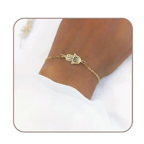 سوار Hamsa الرقيق المصنوع يدويًا - الحد الأدنى حظًا سعيدًا للمجوهرات - الطول 6.5 " + 1" الموسع (الذهب)