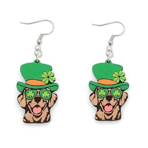 Super Cute Dog Earrings Handmade Irish Shamrock Rainbow Wood Dangle Drop Earrings Handmade Green Clover Earrings for Women Girls Good Lucky Holiday