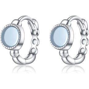 SLUYNZ Solid 925 Sterling Silver Synthetic Blue Gemstone Hoop Earrings for Women Teens Aquamarine Hoop Earrings Huggie