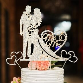 3 Pack Mr and Mrs Cake Wedding Topper Rhinestone Metal Love Wedding Cake Topper Crystal Heart Shaped Funny Diamond Bride and Groom Anniversary Party Decoration Gold