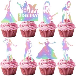 24 Pcs Iridescent Popular Happy Birthday Era's Party Decorations Cupcake Toppers, Super Star Birthday Party Cake Decorations for Fans Celebration Party, Guitar Themed Party Supplies