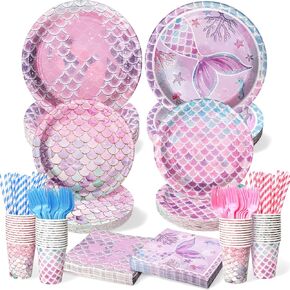 300Pcs Mermaid Plates & Napkins Tableware Set, Blending 2 Designs, Includes Plates, Napkins, Cups, Straws & Forks - Mermaid Party Decorations (Serves 50)