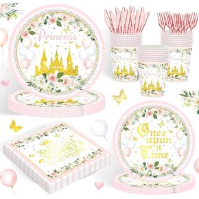 120pcs Princess Party Supplies for Girls Kids Baby Shower 1st Fairst Fairytale Castle Decorations ذات طابع الحفلات ذات مرة في وقت واحد من أدوات المائدة التي يمكن التخلص منها مجموعة أطباق مناديل مناديل.