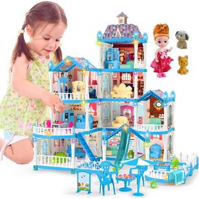 Doll House for Girls ,10 Rooms Blue Doll House with Dolls Figure, Puppies ,Furnitures, Accessories, LED Light, Toddler Playhouse Gift for for 3 4 5 6 7 8 9 10 Year Old Girls Toys