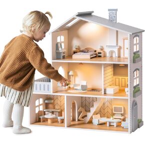 ROBOTIME Wooden Dollhouse, Dollhouse with 23 Pieces of Furniture, 5 Rooms, Wooden Doll House for 4, 5, 6-Inch Dolls, Dollhouse Gift for Kids Ages 3+