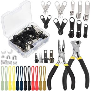 Swpeet 144Pcs Zipper Repair Kit with Zipper Install Plier and Needle Nose Pliers Assortment Kit, Zipper Pulls, Zipper Replacement Installation Tools for Bags Tents Luggage Sleeping Bag Jacket