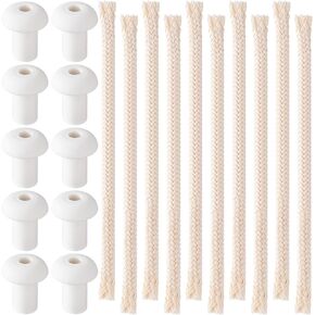 PAGOW 10 Pcs Oil Lamp Wicks with 10 Pcs Holders, 0.23" Round Replacement Braided Cotton Wick for Kerosene Lamp, Oil Lamps, Alcohol Candle Burner, Candle Making (5.9" Long)