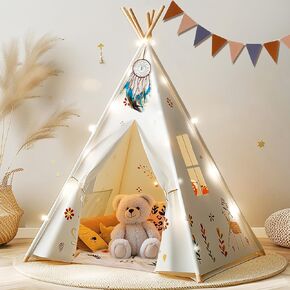 Teepee Tent for Kids, Natural Cotton Toddler Play Tent with Colorful Flags & Mat and Dream Catcher, Foldable Kids Teepee Tent Easy to Assemble for Girls & Boys