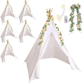 خيمة Kigley Teepee للأطفال الداخليين الأطفال Teepee White Cotton Linen Play Tent مع 6.6 قدم وردية وردية الورد كرمة الاصطناعية 10 قدم تدير بطارية الأضواء للفتاة والفتى (6 مجموعات)