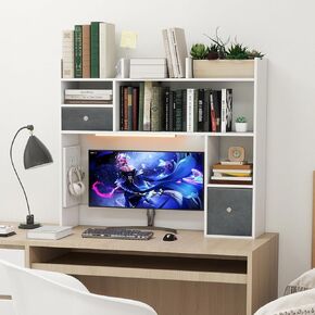 ARTETHYS Desk with Hutch White Desktop Shelf with Pegboard for Computer Desk Top Organizer Wood with Drawers and Light for Dorm Office Home